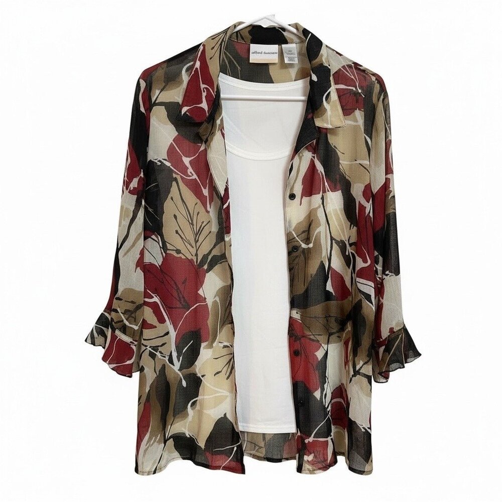 Alfred Dunner Sheer Floral Button Front Blouse 18W Missing Button